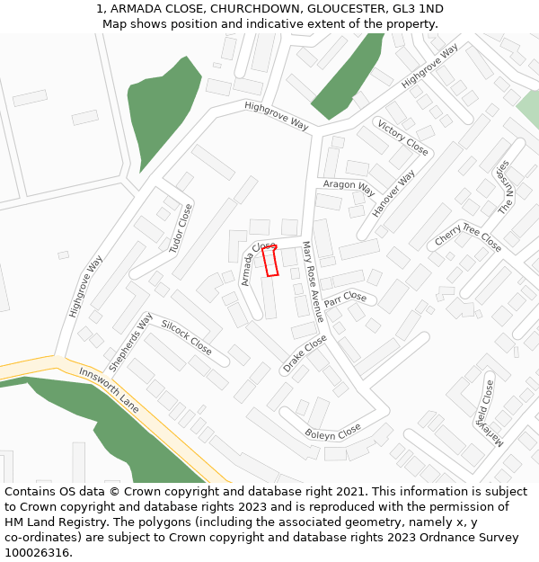 1, ARMADA CLOSE, CHURCHDOWN, GLOUCESTER, GL3 1ND: Location map and indicative extent of plot