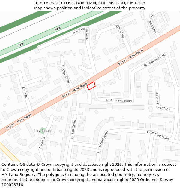 1, ARMONDE CLOSE, BOREHAM, CHELMSFORD, CM3 3GA: Location map and indicative extent of plot