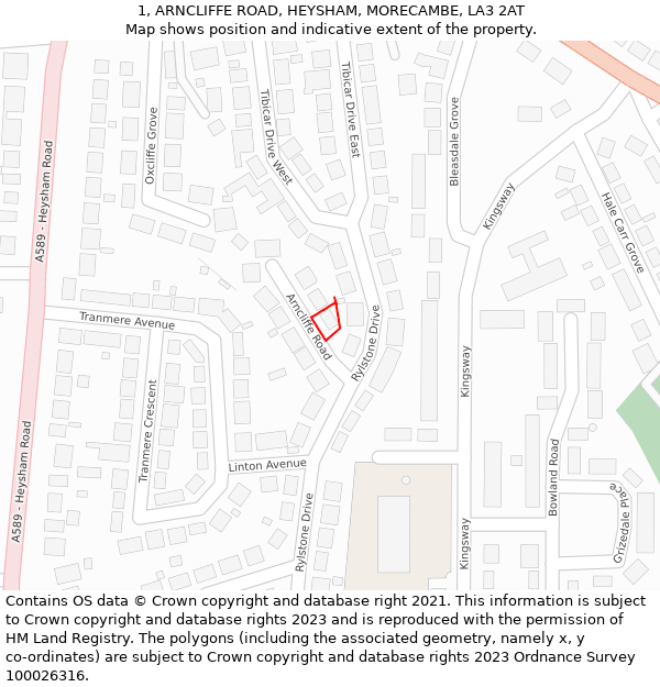 1, ARNCLIFFE ROAD, HEYSHAM, MORECAMBE, LA3 2AT: Location map and indicative extent of plot