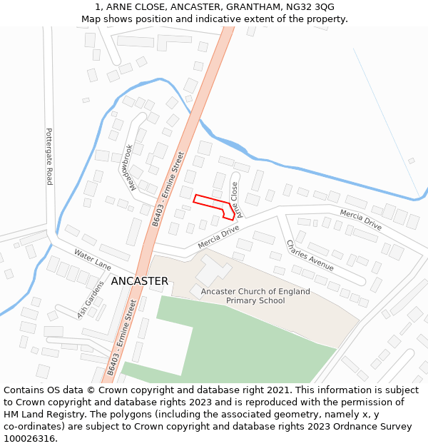 1, ARNE CLOSE, ANCASTER, GRANTHAM, NG32 3QG: Location map and indicative extent of plot