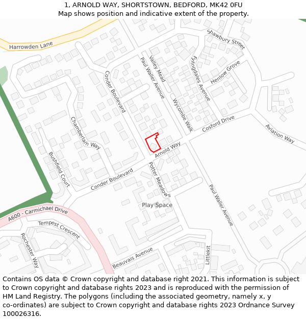 1, ARNOLD WAY, SHORTSTOWN, BEDFORD, MK42 0FU: Location map and indicative extent of plot