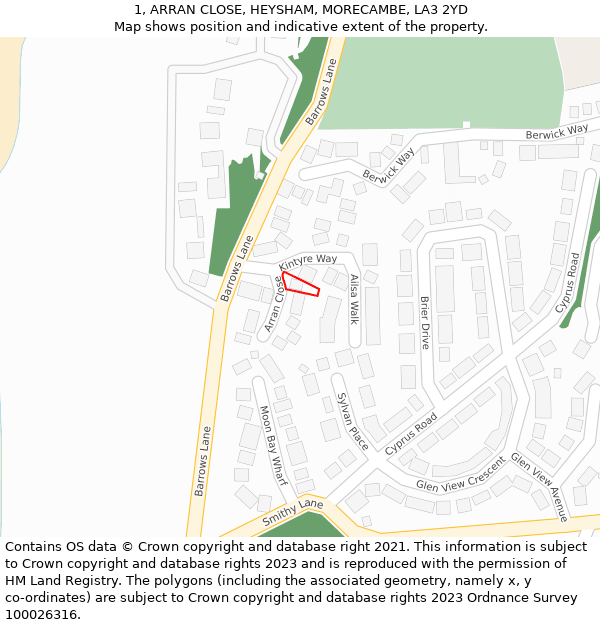 1, ARRAN CLOSE, HEYSHAM, MORECAMBE, LA3 2YD: Location map and indicative extent of plot