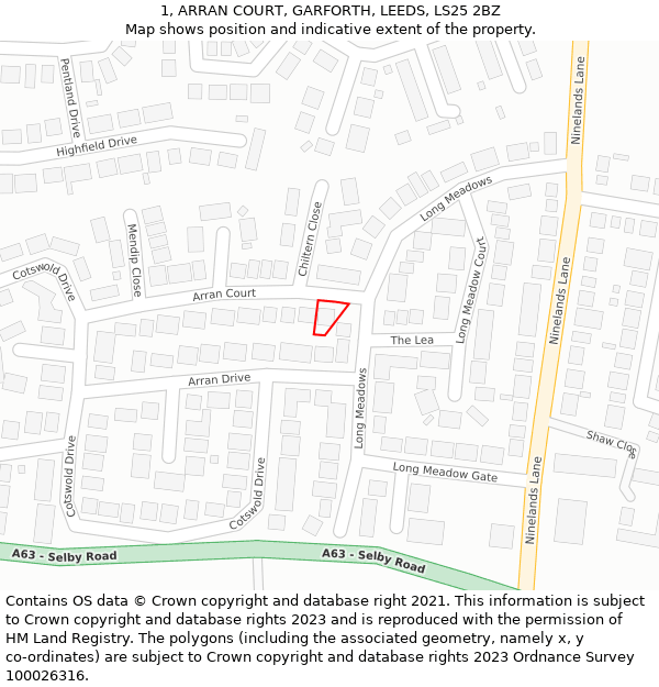 1, ARRAN COURT, GARFORTH, LEEDS, LS25 2BZ: Location map and indicative extent of plot