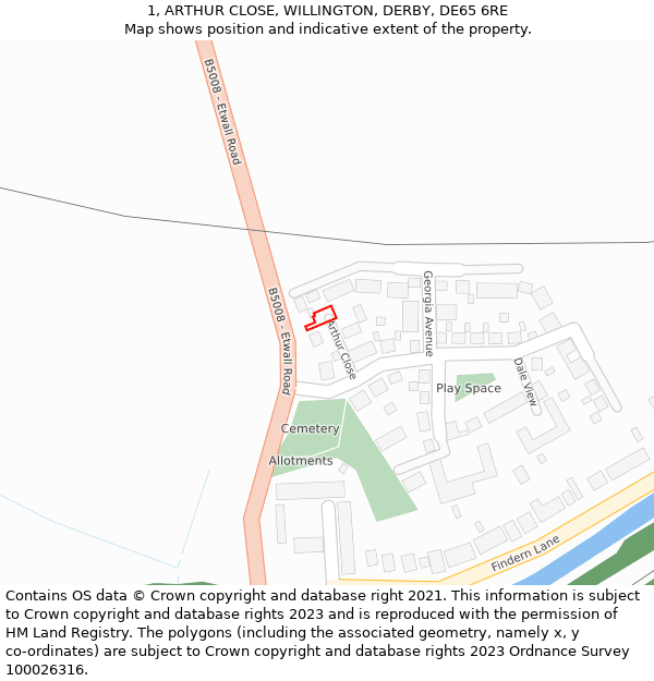 1, ARTHUR CLOSE, WILLINGTON, DERBY, DE65 6RE: Location map and indicative extent of plot