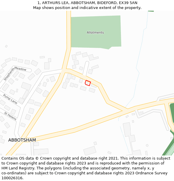 1, ARTHURS LEA, ABBOTSHAM, BIDEFORD, EX39 5AN: Location map and indicative extent of plot