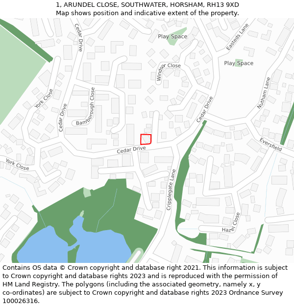 1, ARUNDEL CLOSE, SOUTHWATER, HORSHAM, RH13 9XD: Location map and indicative extent of plot