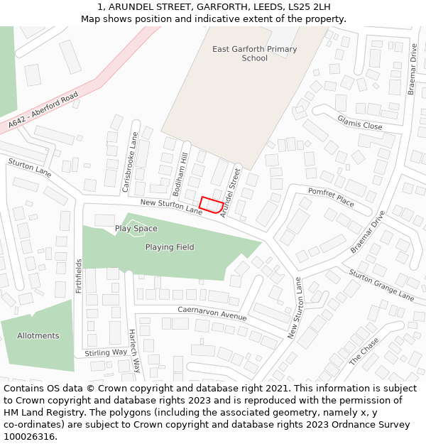 1, ARUNDEL STREET, GARFORTH, LEEDS, LS25 2LH: Location map and indicative extent of plot