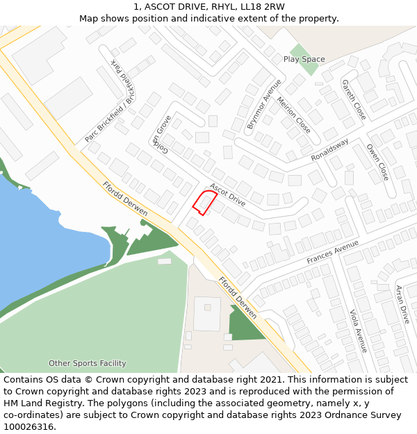 1, ASCOT DRIVE, RHYL, LL18 2RW: Location map and indicative extent of plot