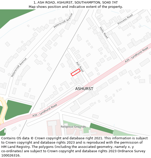 1, ASH ROAD, ASHURST, SOUTHAMPTON, SO40 7AT: Location map and indicative extent of plot