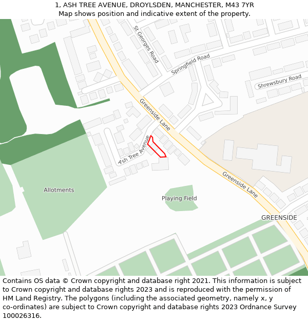 1, ASH TREE AVENUE, DROYLSDEN, MANCHESTER, M43 7YR: Location map and indicative extent of plot