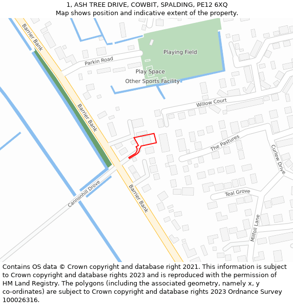 1, ASH TREE DRIVE, COWBIT, SPALDING, PE12 6XQ: Location map and indicative extent of plot