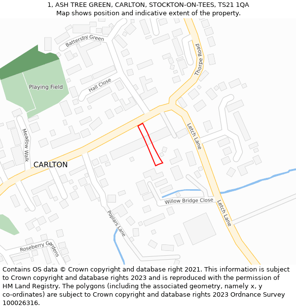 1, ASH TREE GREEN, CARLTON, STOCKTON-ON-TEES, TS21 1QA: Location map and indicative extent of plot