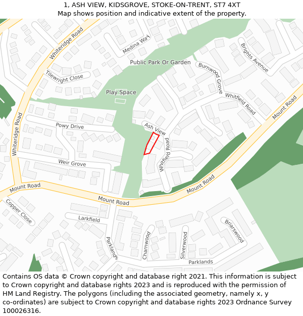 1, ASH VIEW, KIDSGROVE, STOKE-ON-TRENT, ST7 4XT: Location map and indicative extent of plot