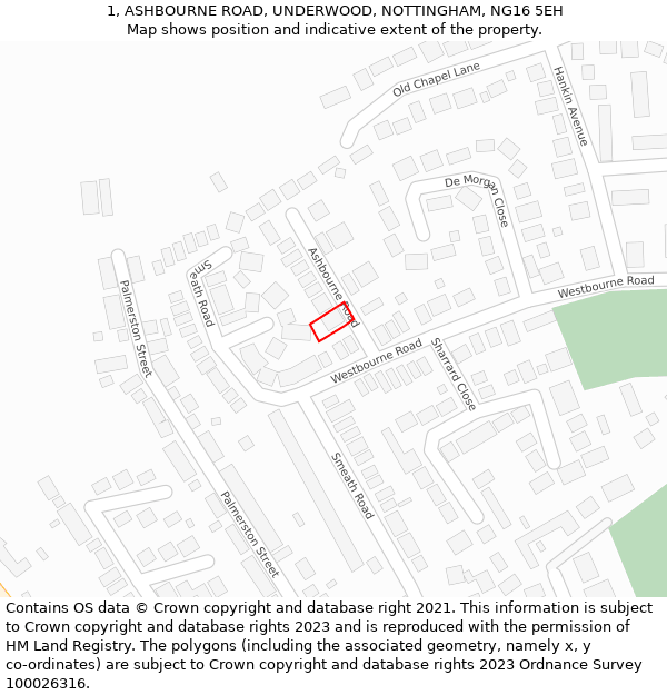 1, ASHBOURNE ROAD, UNDERWOOD, NOTTINGHAM, NG16 5EH: Location map and indicative extent of plot