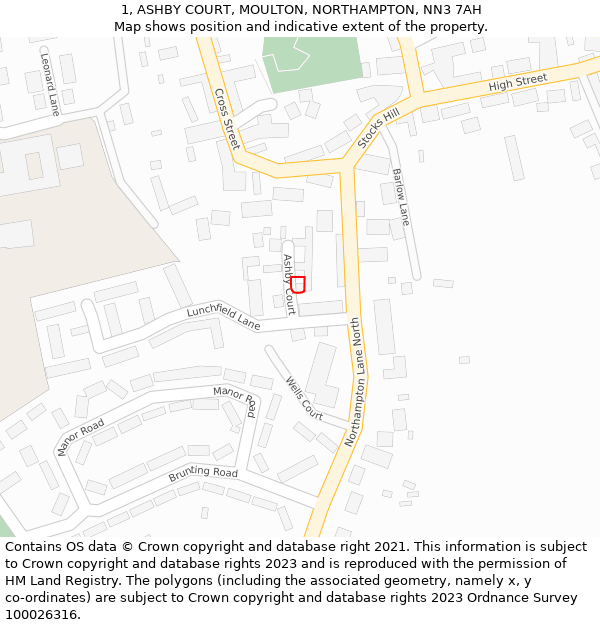 1, ASHBY COURT, MOULTON, NORTHAMPTON, NN3 7AH: Location map and indicative extent of plot