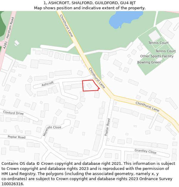 1, ASHCROFT, SHALFORD, GUILDFORD, GU4 8JT: Location map and indicative extent of plot