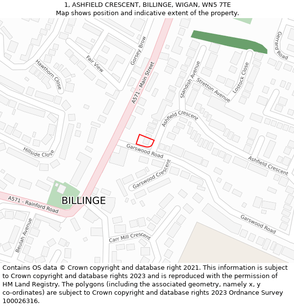 1, ASHFIELD CRESCENT, BILLINGE, WIGAN, WN5 7TE: Location map and indicative extent of plot