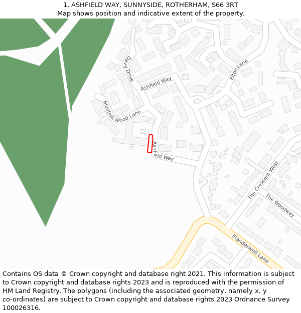 1, ASHFIELD WAY, SUNNYSIDE, ROTHERHAM, S66 3RT: Location map and indicative extent of plot