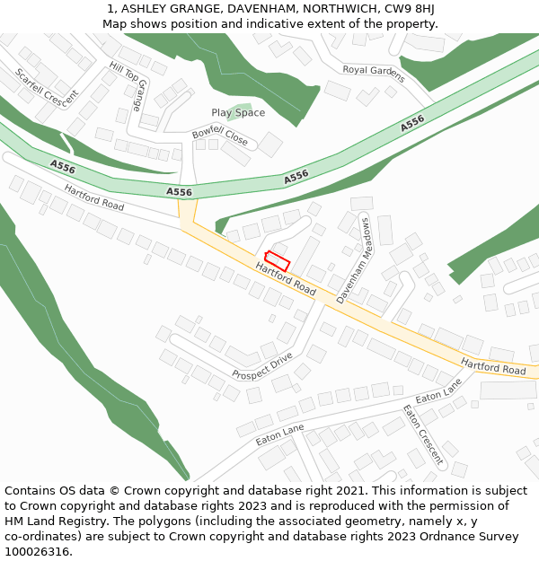 1, ASHLEY GRANGE, DAVENHAM, NORTHWICH, CW9 8HJ: Location map and indicative extent of plot