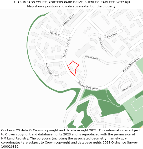 1, ASHMEADS COURT, PORTERS PARK DRIVE, SHENLEY, RADLETT, WD7 9JU: Location map and indicative extent of plot