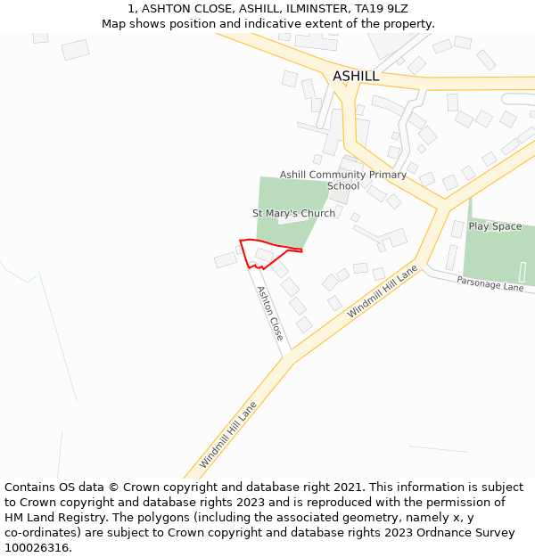 1, ASHTON CLOSE, ASHILL, ILMINSTER, TA19 9LZ: Location map and indicative extent of plot