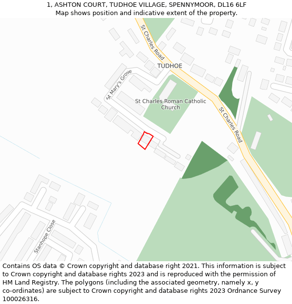 1, ASHTON COURT, TUDHOE VILLAGE, SPENNYMOOR, DL16 6LF: Location map and indicative extent of plot