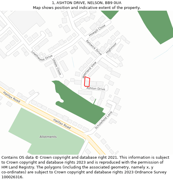 1, ASHTON DRIVE, NELSON, BB9 0UA: Location map and indicative extent of plot