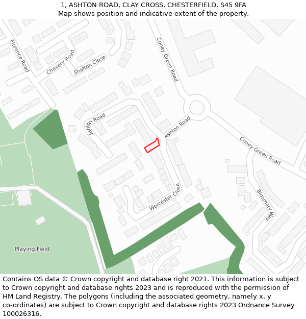 1, ASHTON ROAD, CLAY CROSS, CHESTERFIELD, S45 9FA: Location map and indicative extent of plot