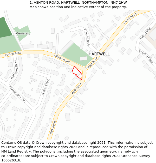 1, ASHTON ROAD, HARTWELL, NORTHAMPTON, NN7 2HW: Location map and indicative extent of plot