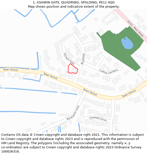 1, ASHWIN GATE, QUADRING, SPALDING, PE11 4QG: Location map and indicative extent of plot