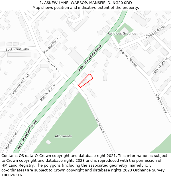 1, ASKEW LANE, WARSOP, MANSFIELD, NG20 0DD: Location map and indicative extent of plot