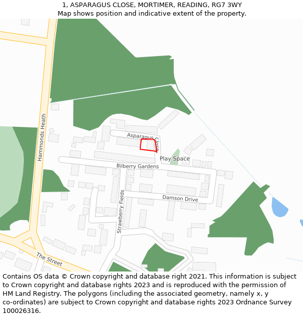 1, ASPARAGUS CLOSE, MORTIMER, READING, RG7 3WY: Location map and indicative extent of plot