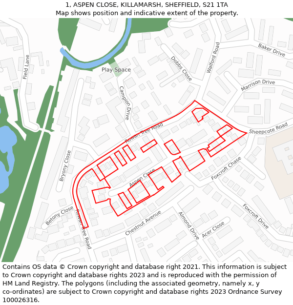 1, ASPEN CLOSE, KILLAMARSH, SHEFFIELD, S21 1TA: Location map and indicative extent of plot