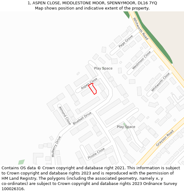 1, ASPEN CLOSE, MIDDLESTONE MOOR, SPENNYMOOR, DL16 7YQ: Location map and indicative extent of plot