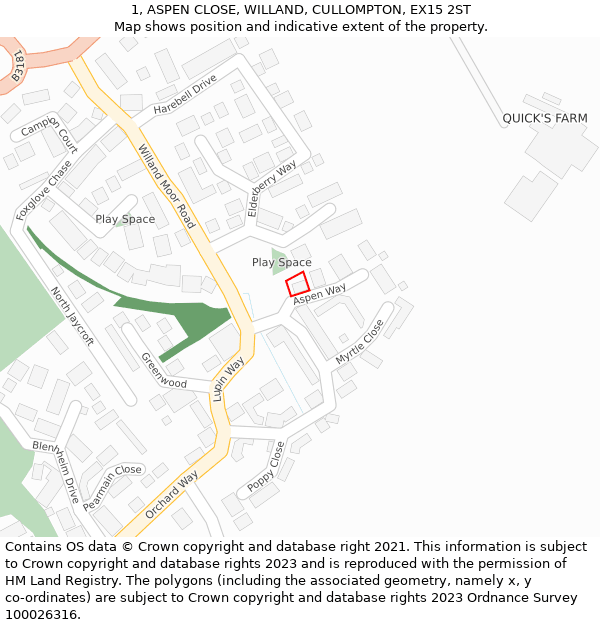 1, ASPEN CLOSE, WILLAND, CULLOMPTON, EX15 2ST: Location map and indicative extent of plot