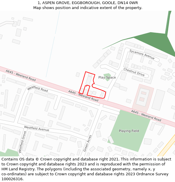 1, ASPEN GROVE, EGGBOROUGH, GOOLE, DN14 0WR: Location map and indicative extent of plot