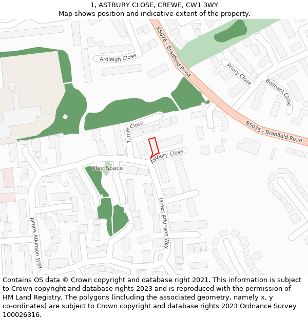 1, ASTBURY CLOSE, CREWE, CW1 3WY: Location map and indicative extent of plot