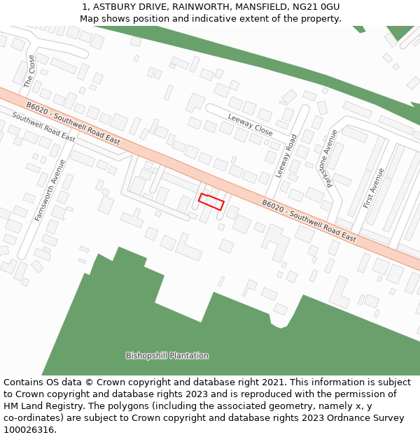 1, ASTBURY DRIVE, RAINWORTH, MANSFIELD, NG21 0GU: Location map and indicative extent of plot