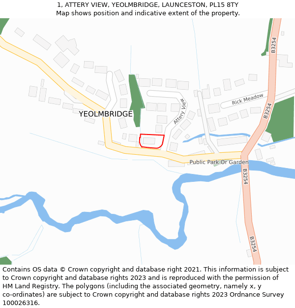 1, ATTERY VIEW, YEOLMBRIDGE, LAUNCESTON, PL15 8TY: Location map and indicative extent of plot