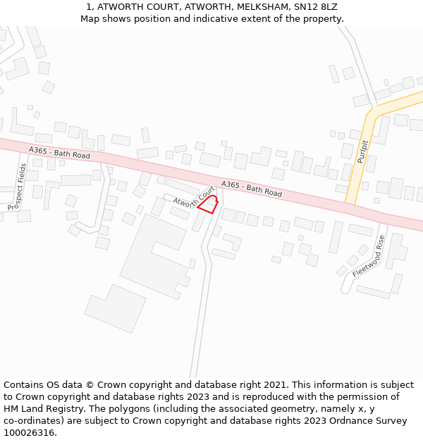 1, ATWORTH COURT, ATWORTH, MELKSHAM, SN12 8LZ: Location map and indicative extent of plot