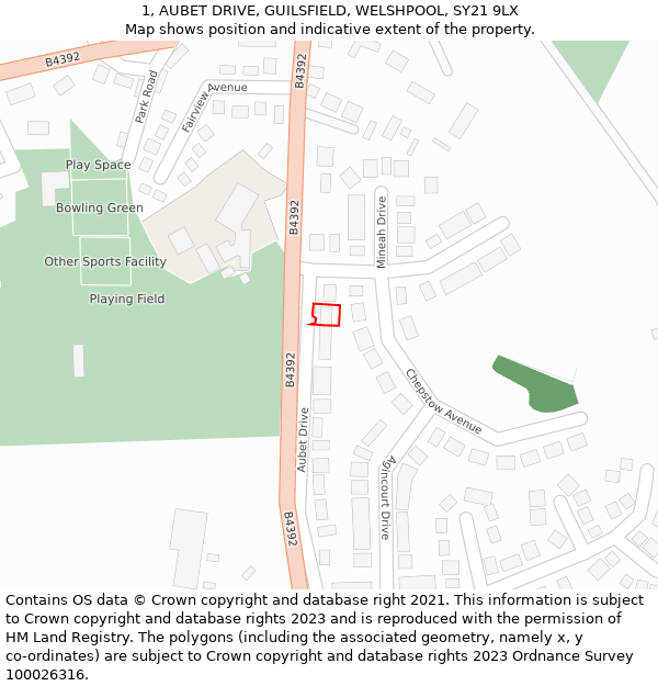 1, AUBET DRIVE, GUILSFIELD, WELSHPOOL, SY21 9LX: Location map and indicative extent of plot