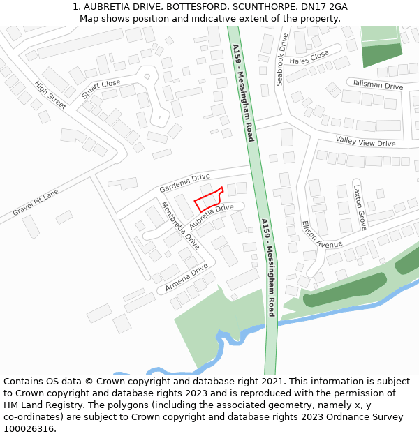 1, AUBRETIA DRIVE, BOTTESFORD, SCUNTHORPE, DN17 2GA: Location map and indicative extent of plot