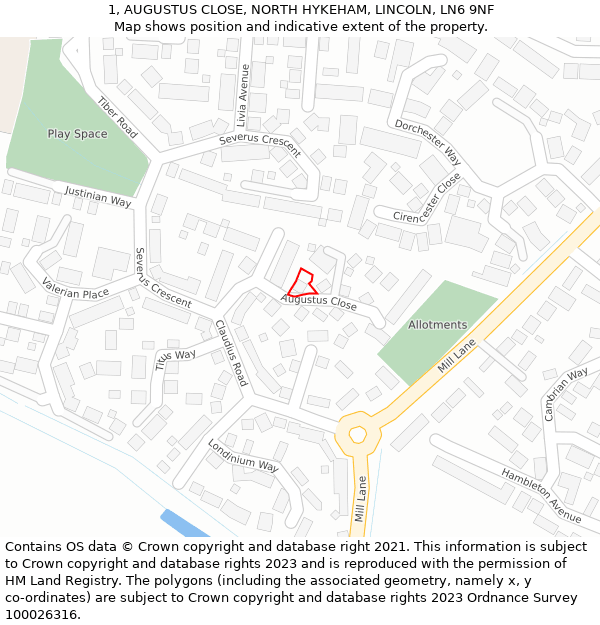 1, AUGUSTUS CLOSE, NORTH HYKEHAM, LINCOLN, LN6 9NF: Location map and indicative extent of plot