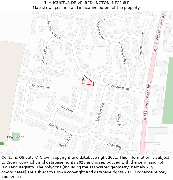 1, AUGUSTUS DRIVE, BEDLINGTON, NE22 6LF: Location map and indicative extent of plot