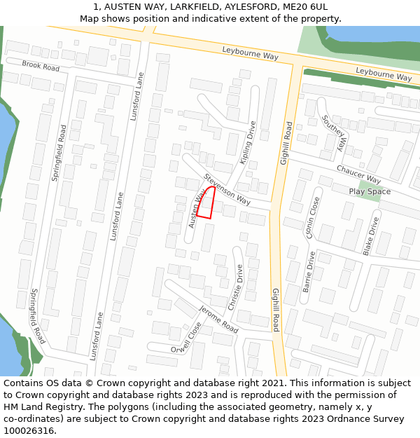 1, AUSTEN WAY, LARKFIELD, AYLESFORD, ME20 6UL: Location map and indicative extent of plot