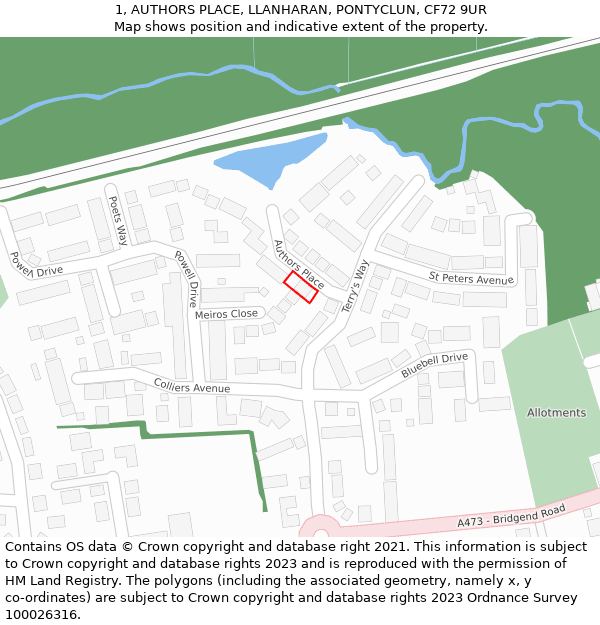 1, AUTHORS PLACE, LLANHARAN, PONTYCLUN, CF72 9UR: Location map and indicative extent of plot