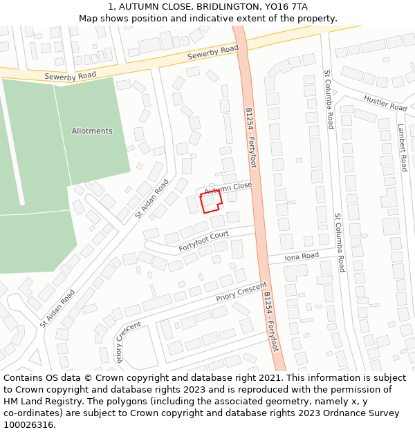 1, AUTUMN CLOSE, BRIDLINGTON, YO16 7TA: Location map and indicative extent of plot