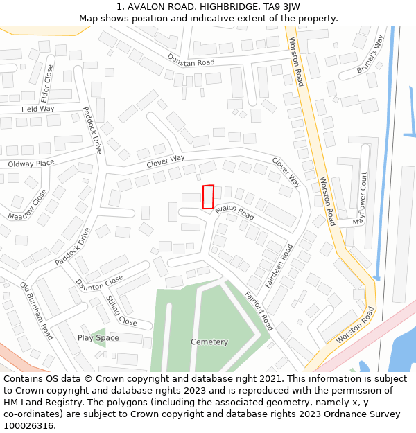 1, AVALON ROAD, HIGHBRIDGE, TA9 3JW: Location map and indicative extent of plot