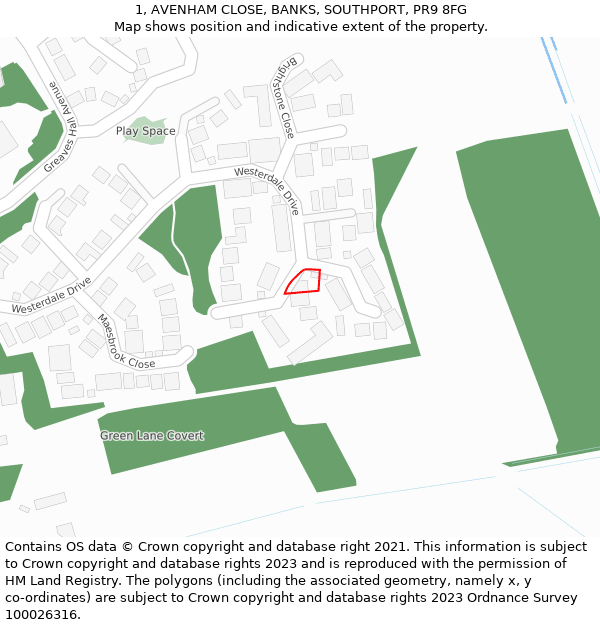 1, AVENHAM CLOSE, BANKS, SOUTHPORT, PR9 8FG: Location map and indicative extent of plot