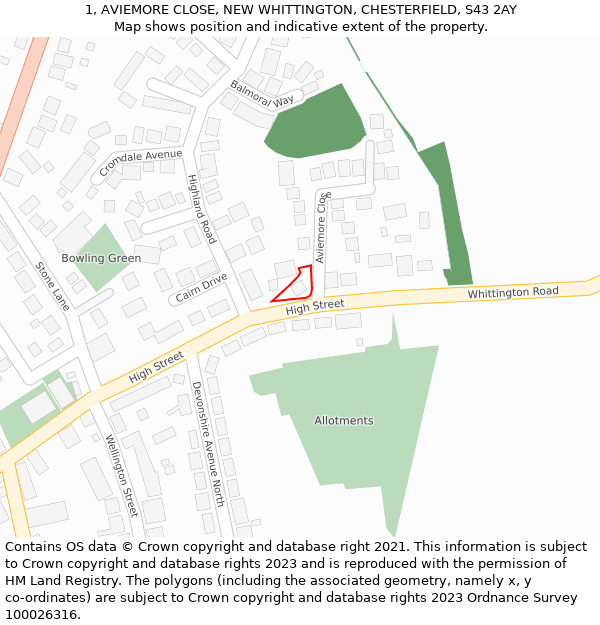 1, AVIEMORE CLOSE, NEW WHITTINGTON, CHESTERFIELD, S43 2AY: Location map and indicative extent of plot